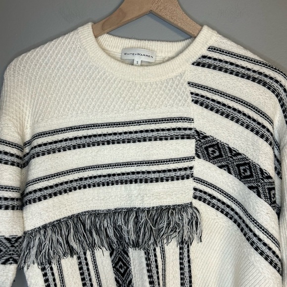 White + Warren White and Black Striped Fringe Textured Sweater, Sz S - Picture 2 of 6